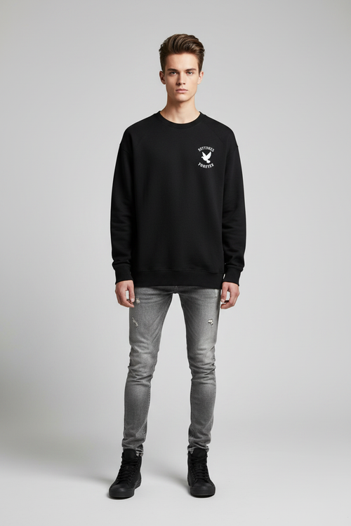 Black crewneck on model